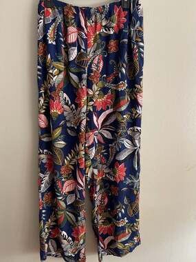 Spense Tropical Floral Botanical Print Wide Leg Pants, Comfy Boho Sz. L